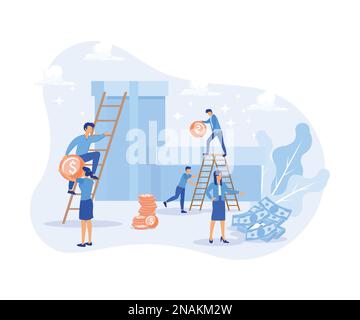 Characters donating money illustration. Volunteers putting coins in donation box and donating with credit card online. Financial support and fundraisi Stock Vector