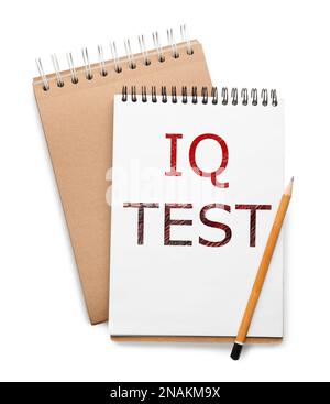 Notebook with text IQ Test and pencil on white background, top view Stock Photo
