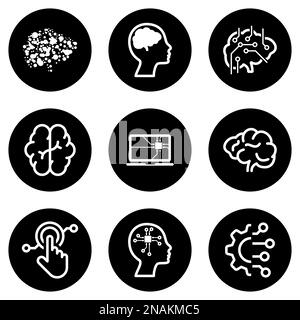 Set of white icons isolated against a black background, on a theme Artificial Intelligence Stock Vector