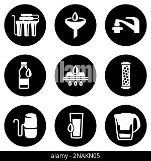 Set of white icons isolated against a black background, on a theme Water Purifier Stock Vector