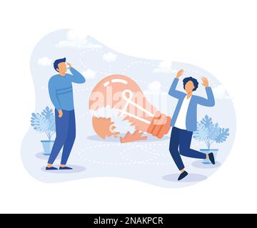 Idea finding illustration. Characters standing near light bulbs and celebrating success. People generating creative business ideas. Business solution Stock Vector
