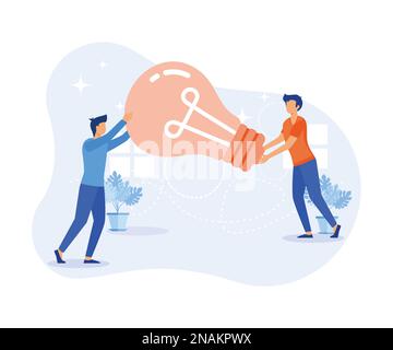 Idea finding illustration. Characters standing near light bulbs and celebrating success. People generating creative business ideas. Business solution Stock Vector