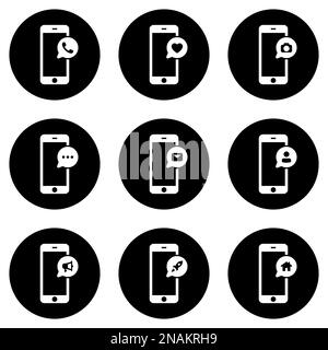 Set of white icons isolated against a black background, on a theme Phone Stock Vector