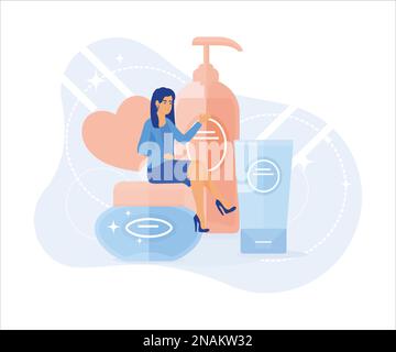 Beauty and health illustration.Girls taking care about beauty and health and using different natural cosmetic products. Essential oil, organic cleanse Stock Vector