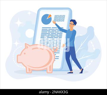 Financial illustration. Characters investing money in stock market and saving money. People analyzing financial graphs, charts, diagrams and other dat Stock Vector