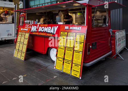 Indian Street Food London - Mr Bombay Street Food London. Mr Bombay Indian Street Food at Spitalfields Market London. Stock Photo