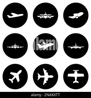 Set of white icons isolated against a black background, on a theme Aircraft Stock Vector