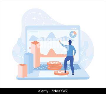 Financial illustration. Characters investing money in stock market and saving money. People analyzing financial graphs, charts, diagrams and other dat Stock Vector