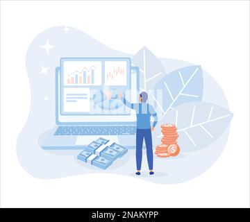 Financial illustration. Characters investing money in stock market and saving money. People analyzing financial graphs, charts, diagrams and other dat Stock Vector