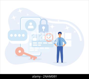 Characters using Cyber Security Services to Protect Personal Data. Online Payment Security, Cloud Shared Documents, Server Security and Data Protectio Stock Vector