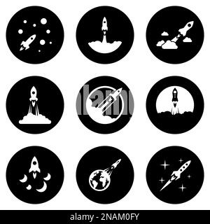 Set of white icons isolated against a black background, on a theme Rocket Stock Vector