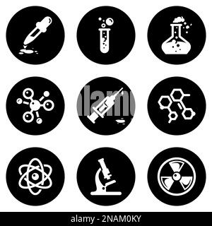 Set of white icons isolated against a black background, on a theme Chemistry Stock Vector