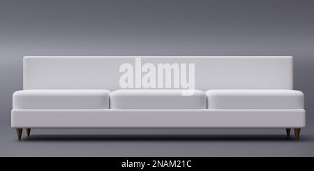White three seat sofa isolated on grey background. Front view of luxury, comfort, modern furniture without armrest. Living room or office couch. 3d re Stock Photo