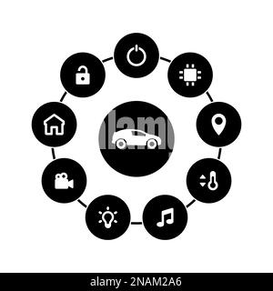Set of white icons isolated against a black background, on a theme Smart car Stock Vector