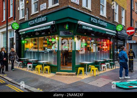 Pizza Pilgrims Restaurant 11 Dean St Soho London. Pizza Pilgrims was founded in 2012 by James &Thom Elliot. This is their first permanent restaurant. Stock Photo