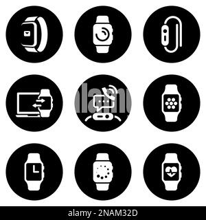 Set of white icons isolated against a black background, on a theme Smart watch Stock Vector