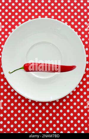 red chili pepper on a white plate over a polka dots background Stock Photo