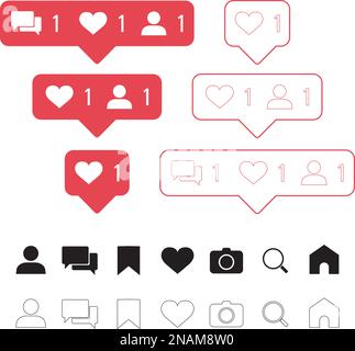 Set of social media icons: like, follower, comment, home, camera, user, search, tab. Vector illustration. Stock Vector