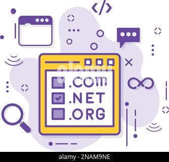 Top Level Domain or tld Registration Service Concept, dot com net org selection in browser window vector icon design, Cloud computing and Internet Stock Vector