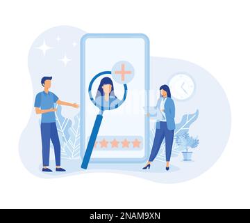 Hiring illustration. Hr managers flying on air balloon, searching job candidate and reading CV. Character applying for work position. Job recruitment Stock Vector