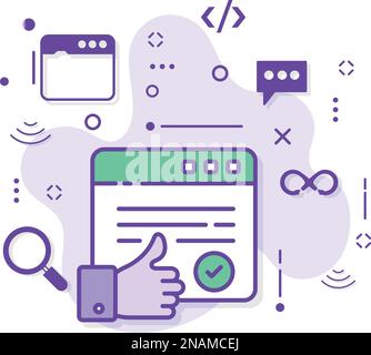 Verified Webpage Concept, Website with Like Sign, Browser with OK Sign Stock illustration, Checked and Approved Vector Icon Design, Cloud computing Stock Vector