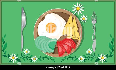 A delicious and healthy breakfast with fried eggs, fresh tomatoes, sliced avocado, hard cheese. Bon appetit. Stock Vector
