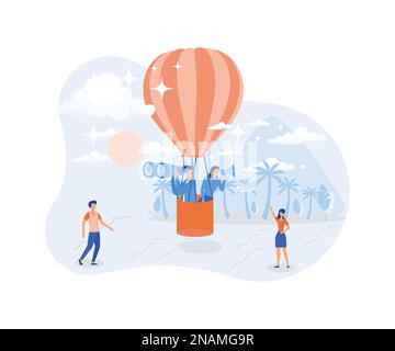 Hiring illustration. Hr managers flying on air balloon, searching job candidate and reading CV. Character applying for work position. Job recruitment Stock Vector