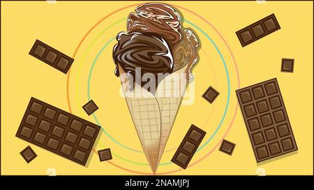 Delicious wafer ice cream cone flavoured with chocolate. Sweet Chocolaty yummy. Stock Vector