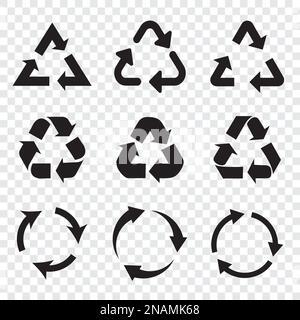 Set of black recycle arrows icons on a transparent background in a flat design Stock Vector