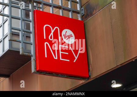 Logo and copyright sign for the Virgin Money bank, previously known as the Clydesdale Bank, Ayr, Scotland, UK Stock Photo