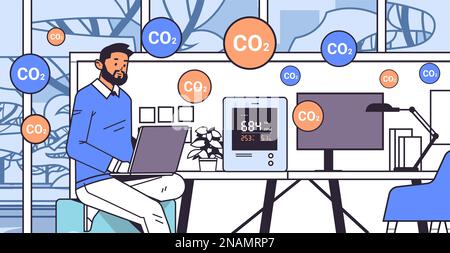 businessman working in office with air quality monitor test on the presence of dangerous CO2 control level testing with indoor carbon dioxide detector Stock Vector