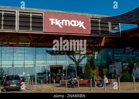 Taplow, Buckinghamshire, UK. 13th February, 2023. TK Maxx and HomeSense stores at the Bishop Centre in Taplow, Buckinghamshire. TK Maxx have announced that they are to close their Edinburgh store together with their Manchester Arndale and Swansea Homesense shops. TK Maxx are however to open a new logistics centre in Crewe as the demand for online shopping increases. Credit: Maureen McLean/Alamy Live News Stock Photo