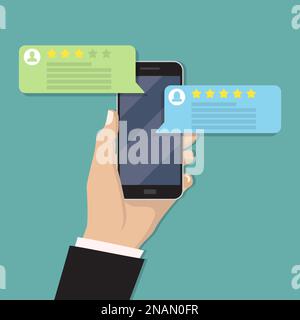 Hand holding smartphone with review rating in a flat design. Stock Vector