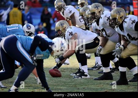 New Orleans Saints center Brian De La Puente (60), guard Ben Grubbs (66),  tackle Scott Winnewisser (78), and tackle Hutch Eckerson (79) watch drills  during training camp at their NFL football training