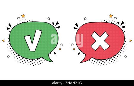 Comic speech bubble with cross and check mark icons. Vector bright dynamic cartoon illustration in retro pop art style. Vector bright illustration Stock Vector