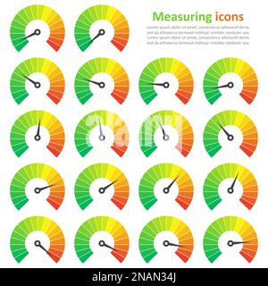 Set of measuring icons on a white background. Speedometer icons set Stock Vector