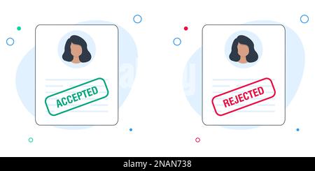 A woman was accepted, refused a job. Blank or resume with stamp rejected and accepted. Vector illustration Stock Vector