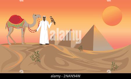 ancient pyramids,Egypt. The hot sun paints the sky in fiery colours. An Arab man leads a camel across the desert. Stock Vector