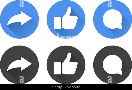 Set of share, like and comment icons with long shadow. Stock Vector