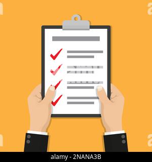 Businessman hands holding clipboard checklist in a flat design Stock ...