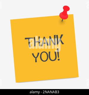 Note paper with push pin. Sheet, sticky note or notebook page with text Thank you. Vector flat illustration Stock Vector