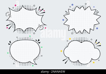 Comic empty speech bubbles on halftone dots background in retro pop art style. Vector set of dynamic cartoon funny dialog balloons sketch Stock Vector