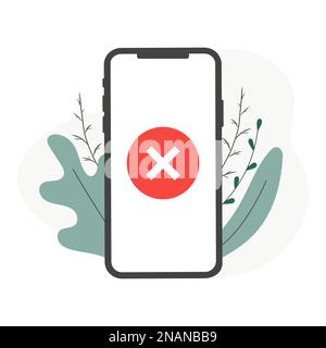 Cross mark on mobile phone screen. Flat vector illustration. Smartphone and x mark button. Close app, exit, failed transaction, error. Modern concepts Stock Vector