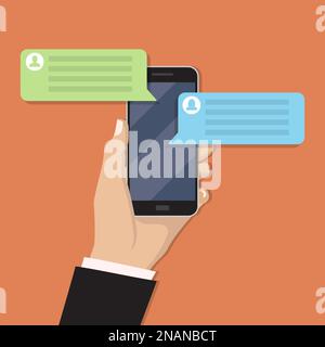 Hand holding smartphone with chat message in a flat design. Stock Vector