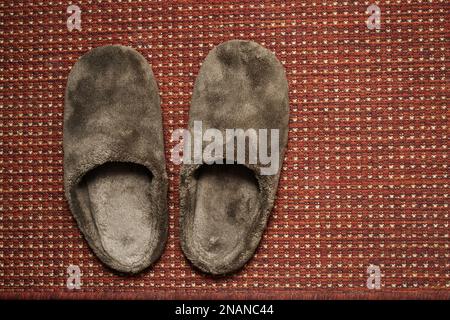 soft brown house slippers on the rug in front of the door Stock Photo