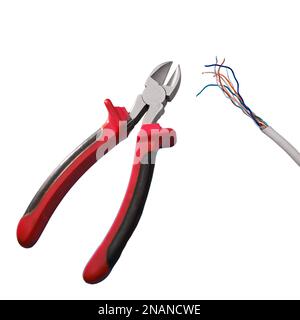 Cutting a computer network wire with wire cutters, isolated on a white background Stock Photo