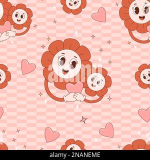 Retro seamless pattern with happy cartoon characters Groovy Daisy Flower on pink background. Vector Illustration. Aesthetic Modern Art for wallpaper, Stock Vector