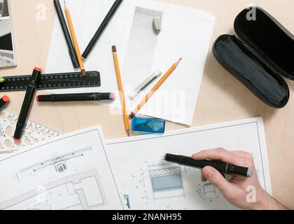 Designer workplace. Engineer projects furniture Stock Photo