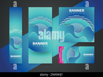 Blue banner set template with flowing liquid shapes, amoeba forms. Abstract dynamic gradient graphic elements in modern style. Stock Vector