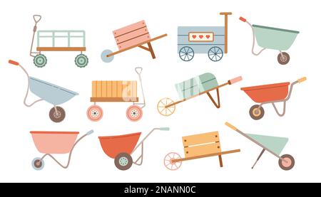 Garden wagon cartoon vector illustration on white background. Farm wheelbarrow set icon. Vector illustration Stock Vector